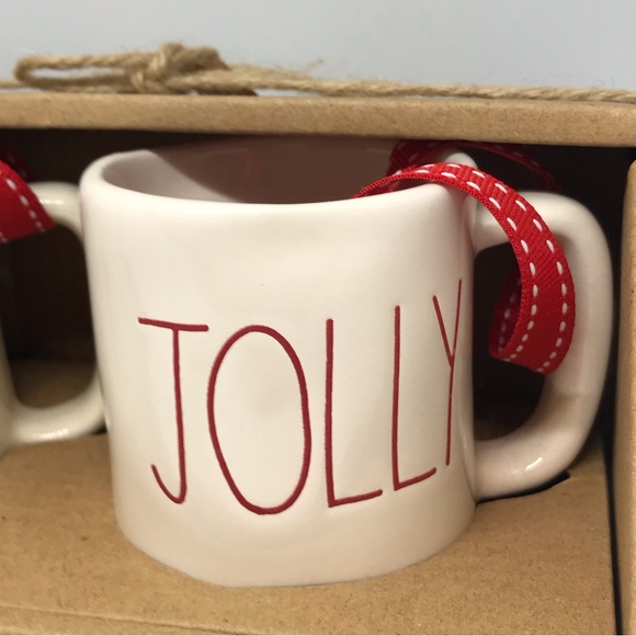 Rae Dunn Holly Jolly Ceramic Mini Mug Holiday Ornaments by Magenta Set of 2 NEW - Picture 4 of 7